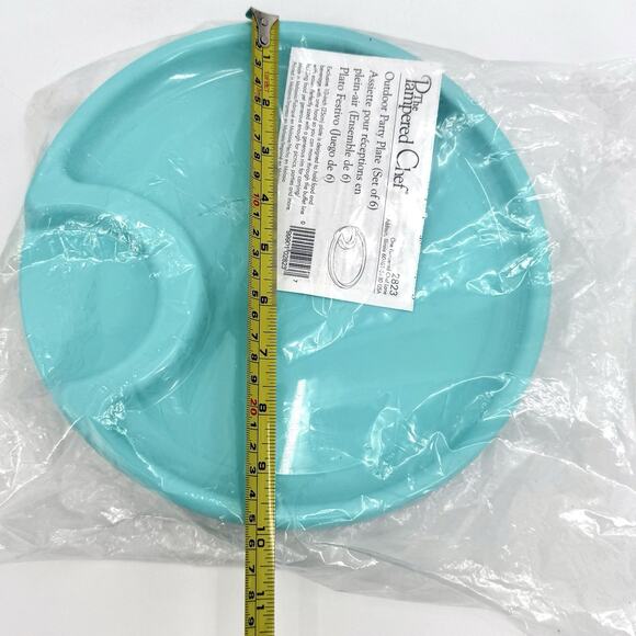 Set Of 6 THE PAMPERED CHEF 2823 10" Picnic Outdoor Party Plates Blue & Green NEW - Picture 7 of 7